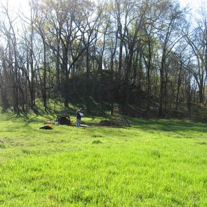 White man at base of tree covered mound site in field