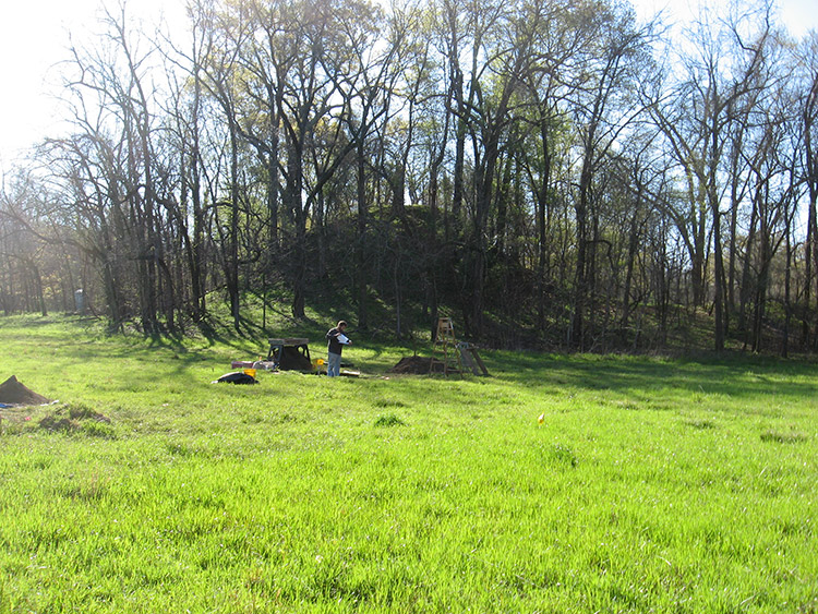 White man at base of tree covered mound site in field