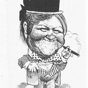 Cartoon of fat smiling white man with oversized head and top hat holding lit cigar