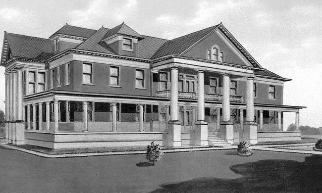 Black and white drawing of a three-story building with columned entrances on at least two sides and a wrap-around covered porch
