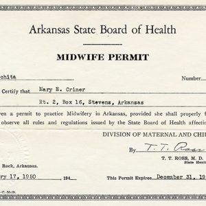 Midwife Permit certificate for "Mary E Criner" dated January 17 1950