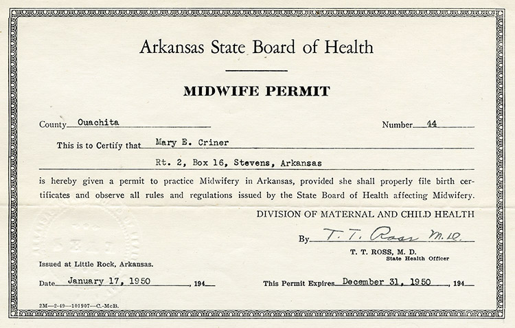 Midwife Permit certificate for "Mary E Criner" dated January 17 1950