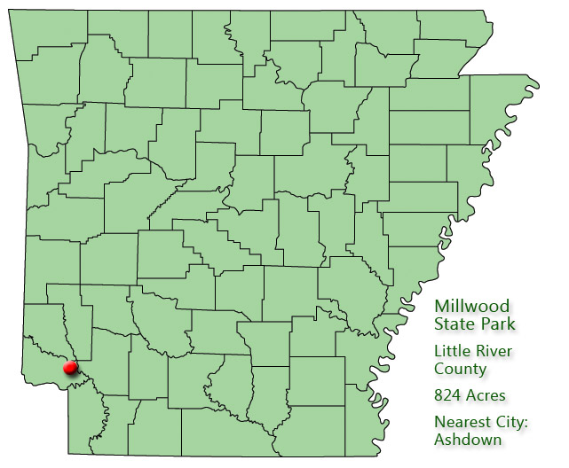 map outlining Arkansas counties with red pin near southwest corner