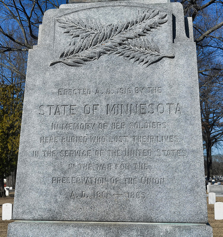 Close-up of monument to soldiers from the "State of Minnesota" who died in the Civil War
