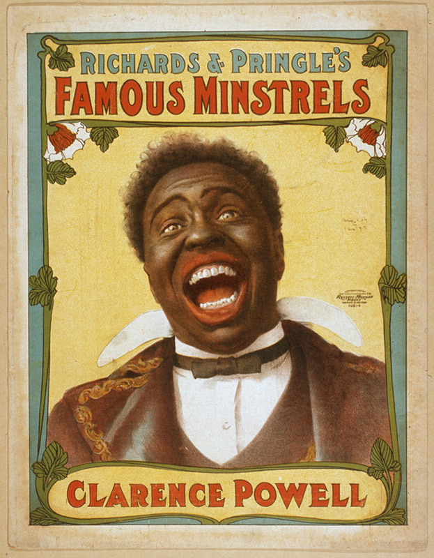 Man in black face with red lips man singing in suit and bow tie on minstrel show poster