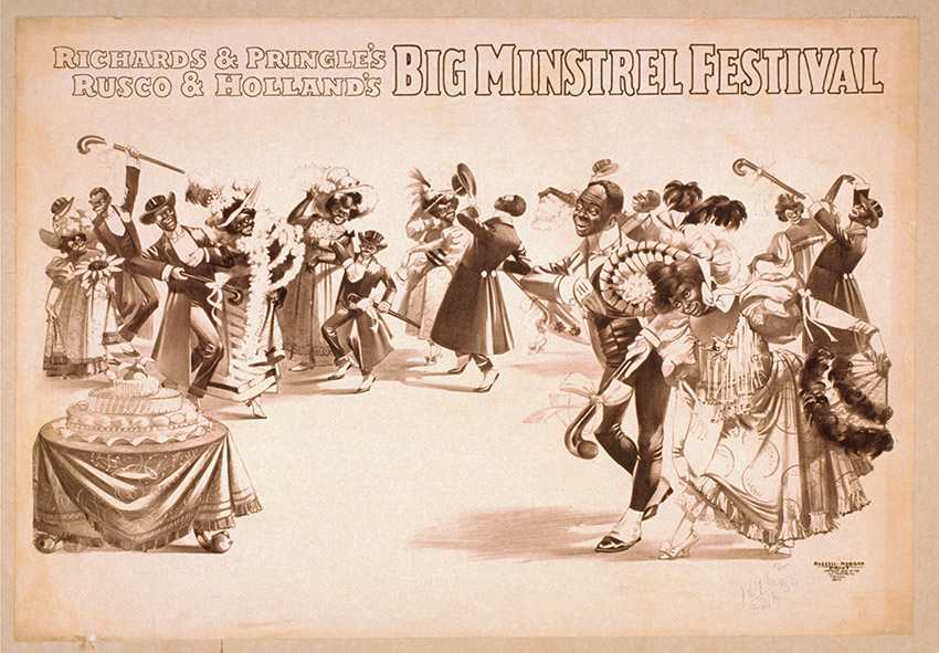 Cartoon African-American men and women dancing on minstrel show poster