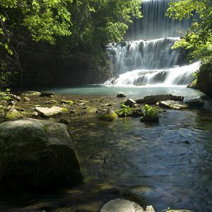 Three tiered natural water fall with trees and rock pool