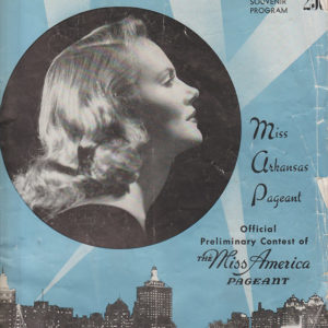 Profile view of young white woman and skyline on "Miss Arkansas Pageant" program cover