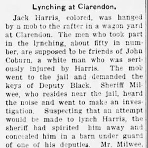 "Lynching at Clarendon" newspaper clipping