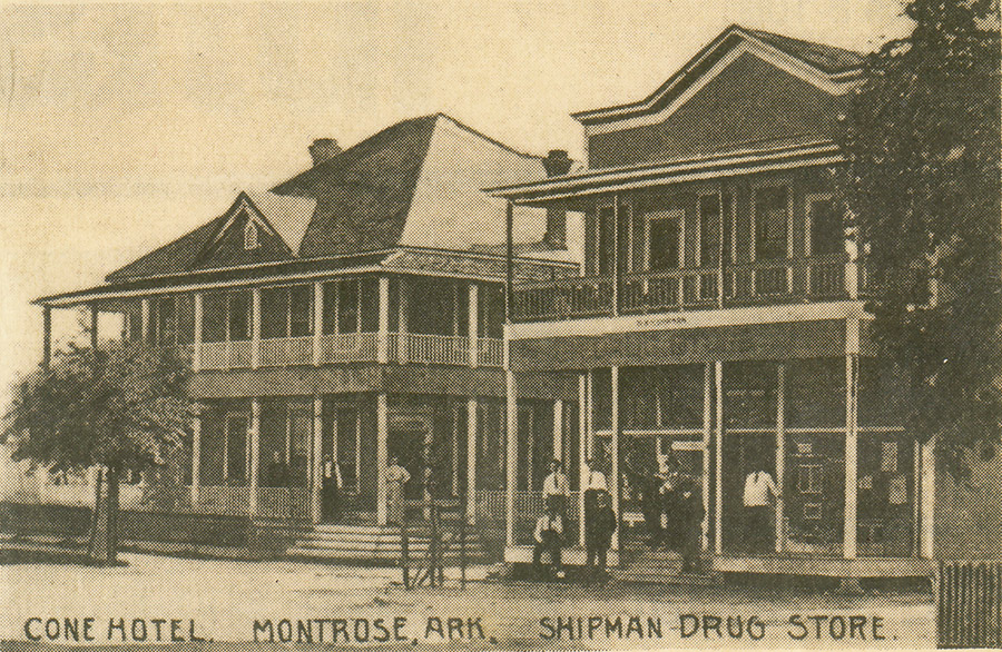 Two-story motel building and drug store with customers on post card