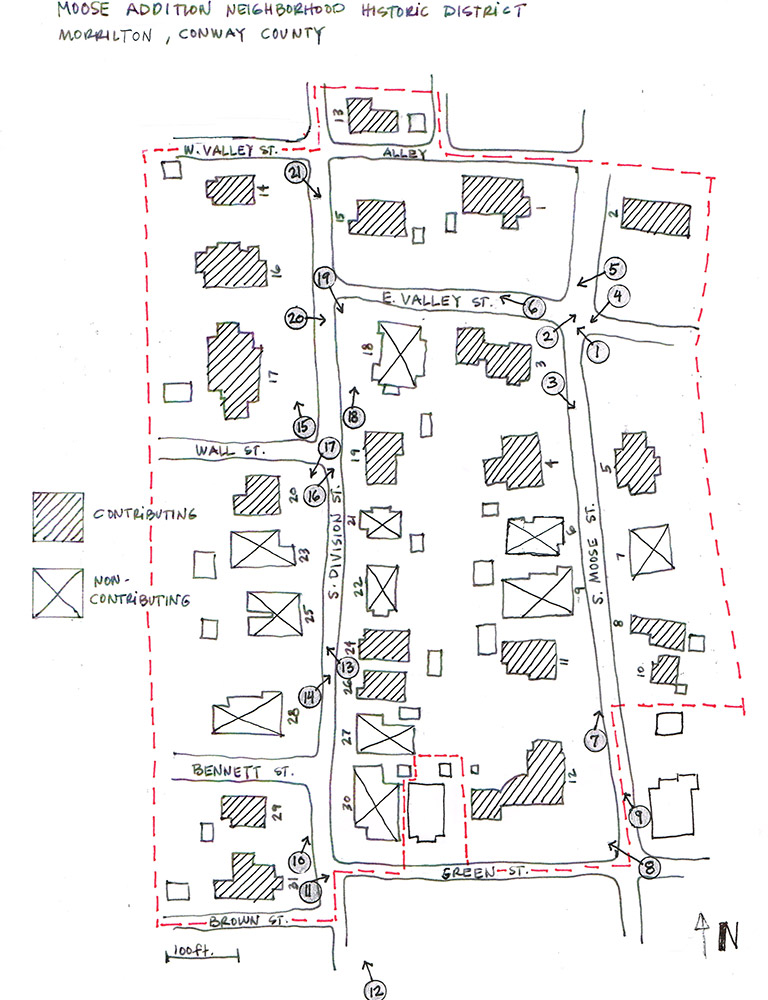 Hand drawn map of "Moose Addition Neighborhood" with labeled streets and houses