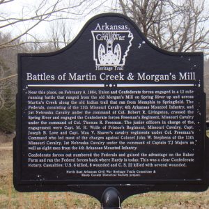 "Battles of Martin Creek and Morgan's Mill" black metal sign with truck and trees behind it