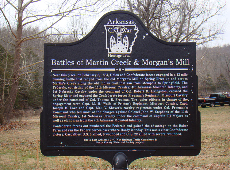 "Battles of Martin Creek and Morgan's Mill" black metal sign with truck and trees behind it