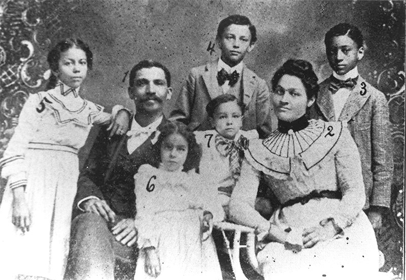 African-American man woman and their children in family photograph with numbers written on each person