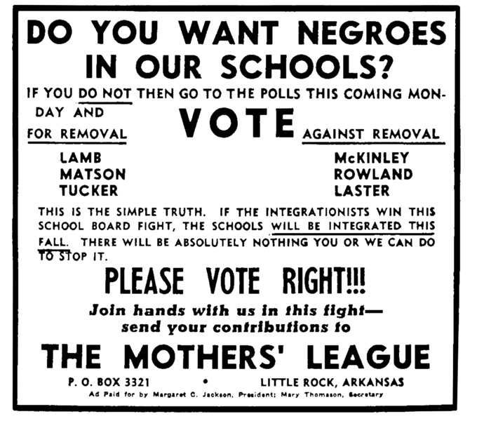 Election flyer reading "Do you want negroes in our schools?" by "The Mothers' League"