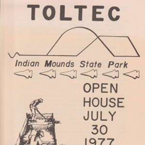 Arrowhead figures and people digging on brochure with text and mound drawing