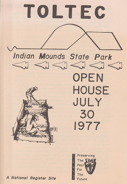 Arrowhead figures and people digging on brochure with text and mound drawing