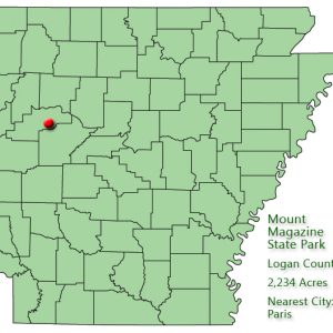 map outlining Arkansas counties with red pin in northwest quadrant