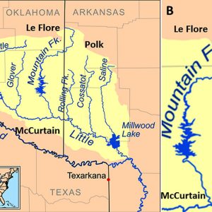 River tributaries on map of Oklahoma Arkansas and Texas