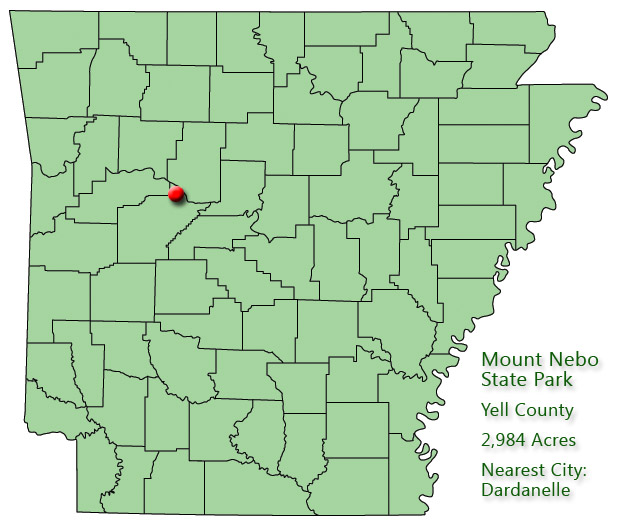 map outlining Arkansas counties with red pin in northwest quadrant