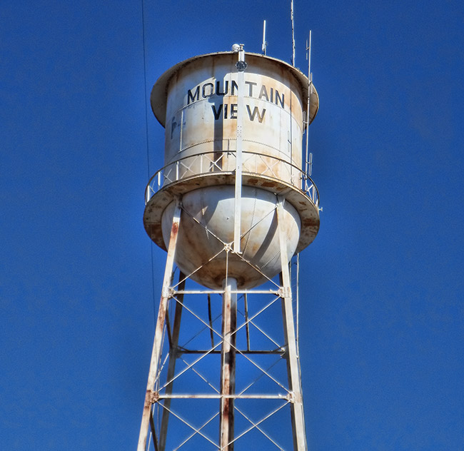 Close-up of weathered "Mountain View" water tower