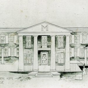 Drawing of multistory building with covered porch supported by four columns and "M" logo on it