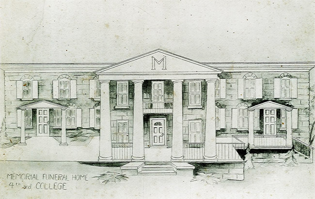 Drawing of multistory building with covered porch supported by four columns and "M" logo on it