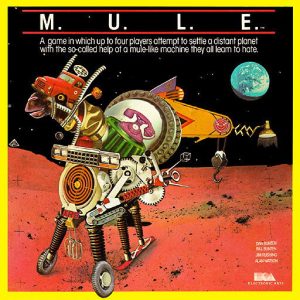 "M.U.L.E." game cover with art depicting composite sculpture of various machines roughly in the shape of a mule on a Mars-like planet