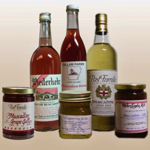 Jars of muscadine jellies and bottles of grape juice and wine