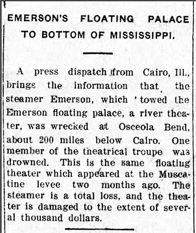"Emerson's Floating Palace to Bottom of Mississippi" newspaper clipping