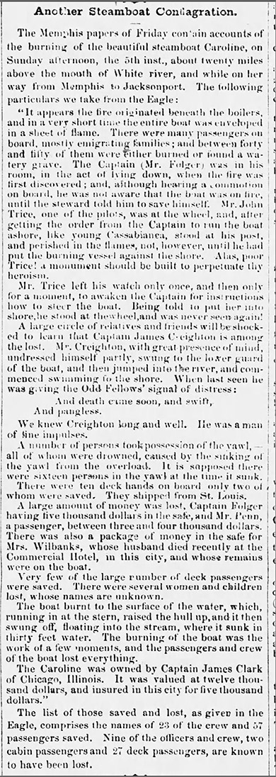 "Another Steamboat Conflagration" newspaper clipping