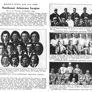 Book page titled "Northeast Arkansas League" with multiple pictures featuring groups of young white men in suit and tie or in baseball uniforms