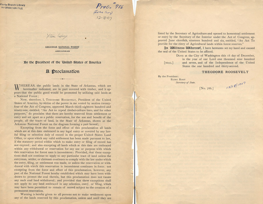 book spread titled "Arkansas National Forest a proclamation" signed by President Theodore Roosevelt