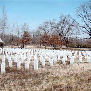 Rows of white tombstones in cemetery with house behind trees in the background