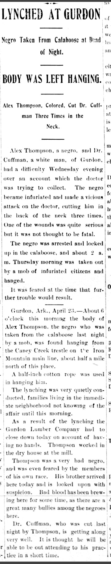 "Lynched at Gurdon" newspaper clipping