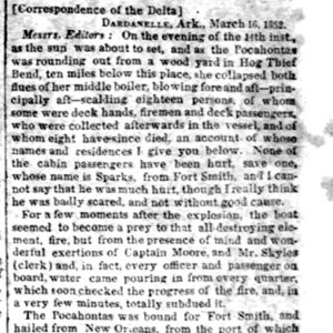 Letter to the editors in newspaper about the Pocahontas steamboat dated March 16, 1852