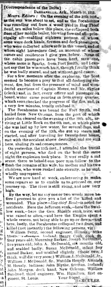 Letter to the editors in newspaper about the Pocahontas steamboat dated March 16, 1852