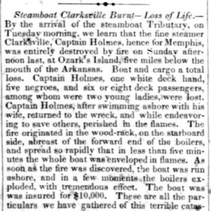 "Steamboat Clarksville Burnt - Loss of Life" newspaper clipping