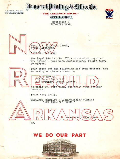 Letter to "Mr. McElroy" from the Democrat Printing & Lithographing Company featuring the words "Now Rebuild Arkansas" printed across the stationery in outlined letters