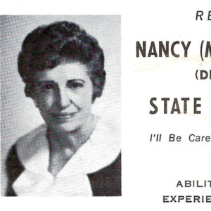 White woman in dress on campaign flyer "Nancy Hall State Treasurer"