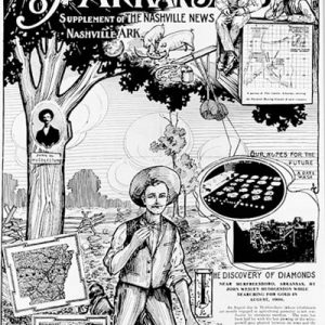 "Diamond Mines of Arkansas" newspaper cartoon with white miner in hat and tree