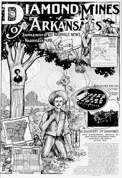 "Diamond Mines of Arkansas" newspaper cartoon with white miner in hat and tree