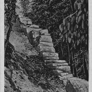 Rock steps in forest on postcard