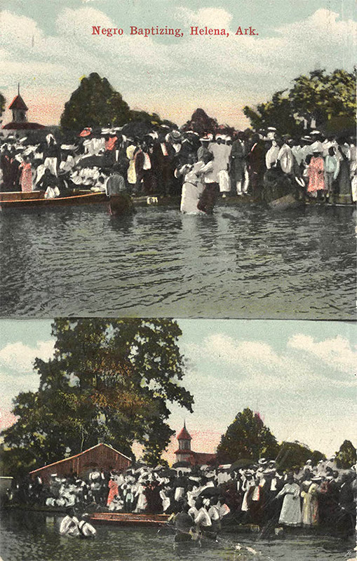 Postcard depicting crowd of African-American men and women gathered at body of water watching a baptism