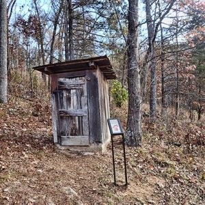 Outhouse and interpretation panel in forest