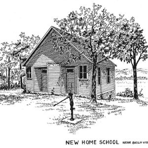 Drawing of single-story building with open gable roof and water pump in front