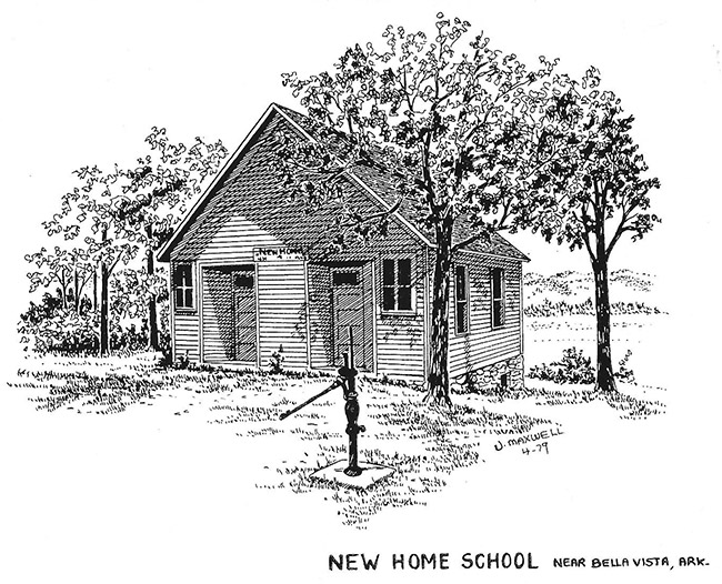 Drawing of single-story building with open gable roof and water pump in front