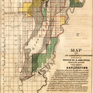 Printed map of "New Madrid and Francis River Swamp" and Missouri Arkansas border color coded grid