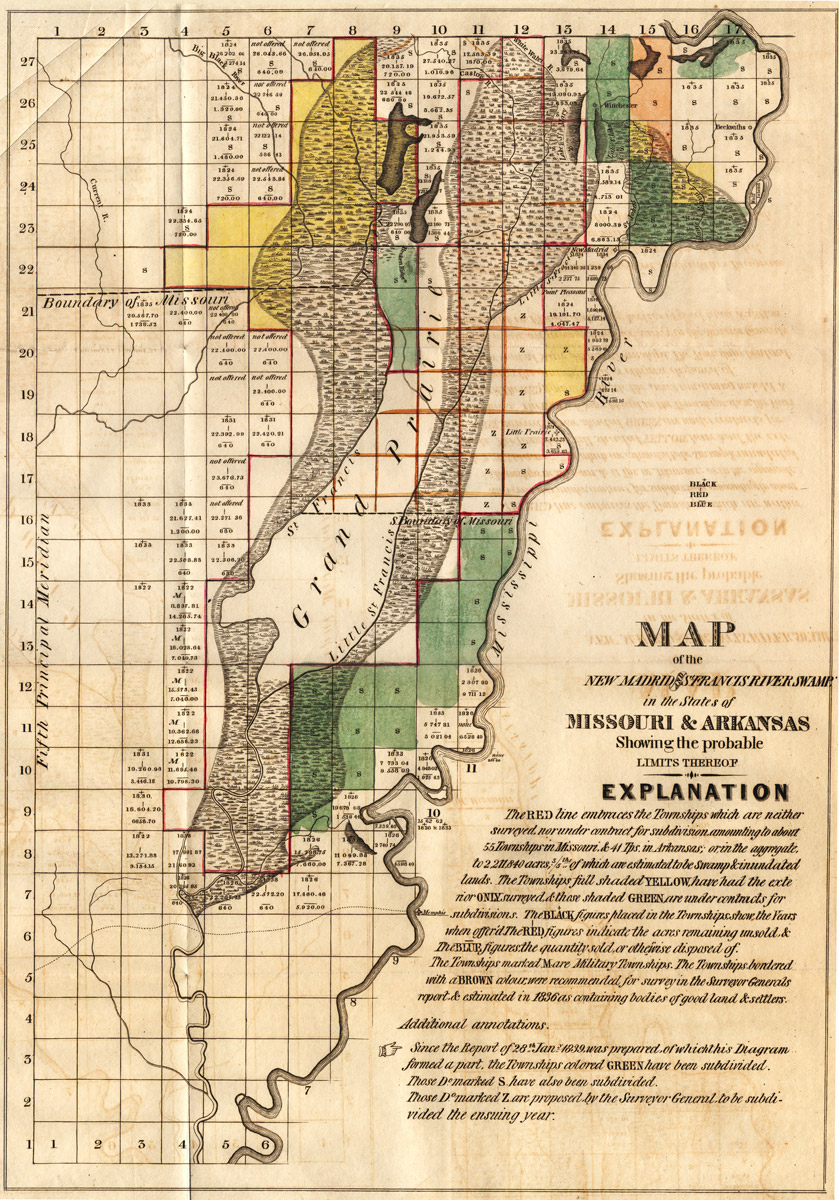 Printed map of "New Madrid and Francis River Swamp" and Missouri Arkansas border color coded grid