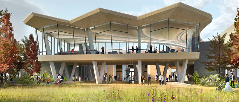 Artist's impression of modern building with people walking under raised room with windows and angular roof
